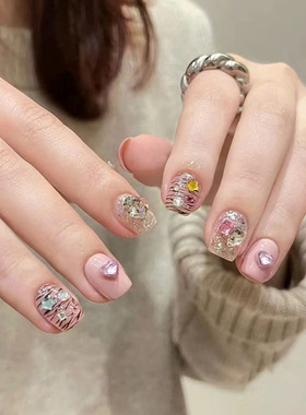 粉色爱心星星钻石虎纹辣妹ins假指甲成品穿戴甲成品nails