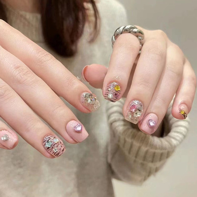 粉色爱心星星钻石虎纹辣妹ins假指甲成品穿戴甲成品nails