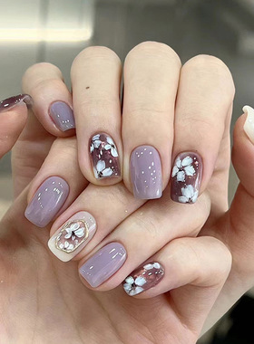 淡紫色浪漫镜中罗兰花显白温柔气质欧方形甜美假指甲成品穿戴甲