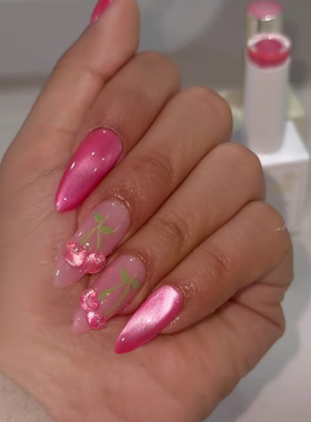 立体灵动猫眼俏皮樱桃欧美风可拆卸穿戴甲24片 press on nails