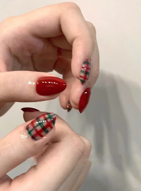 圣诞红绿配色格纹少女显白耐看百搭可拆卸穿戴甲美甲片30片