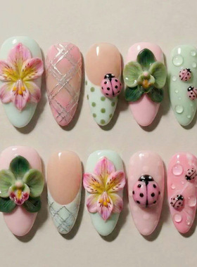 立体抹茶百合可爱瓢虫欧美风可拆卸穿戴甲30片press on nails