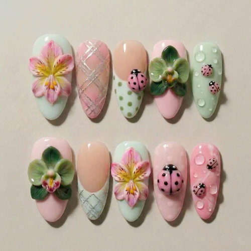 立体抹茶百合可爱瓢虫欧美风可拆卸穿戴甲30片press on nails