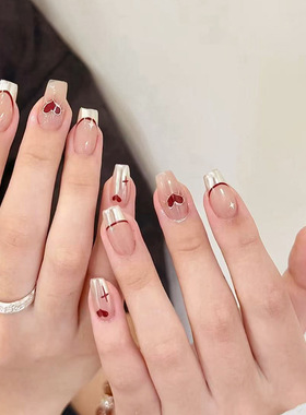 轻奢法式红色爱心短款芭蕾甲美甲片干净显白极简纯欲24片成品