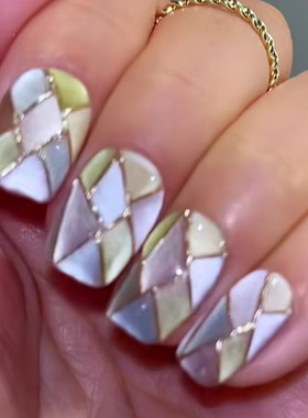 外贸立体猫眼跳色鎏金格纹欧美风可拆卸美甲30片press on nails