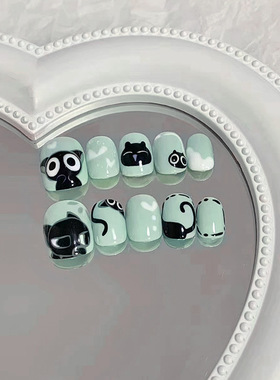 清新绿色打底可爱小黑猫美甲俏皮童趣ins风假指甲儿童款穿戴甲