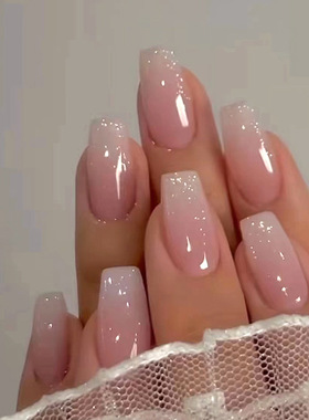 中长款芭蕾甲少女粉嫩渐变闪粉假指甲甜美ins风时尚美甲片nails
