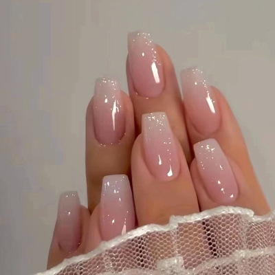 中长款芭蕾甲少女粉嫩渐变闪粉假指甲甜美ins风时尚美甲片nails