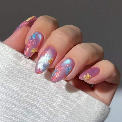 立体猫眼波纹明媚彩色小花欧美风可拆卸穿戴甲30片press on nails