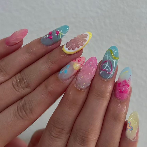 缤纷橙子立体法式爱心冰透花朵可拆卸美甲24片press on nails