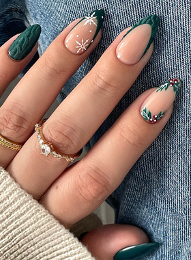 立体浮雕绿法式圣诞雪松欧美ins风可拆卸美甲30片press on nails