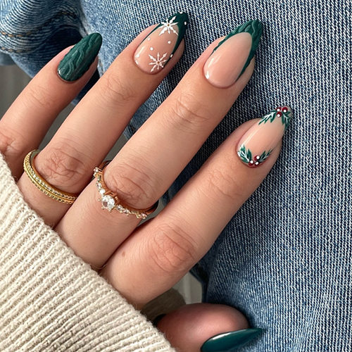 立体浮雕绿法式圣诞雪松欧美ins风可拆卸美甲30片press on nails