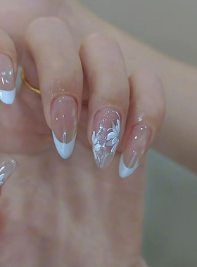 外贸清浅蓝色法式细闪花朵欧美风可拆卸美甲24片press on nails