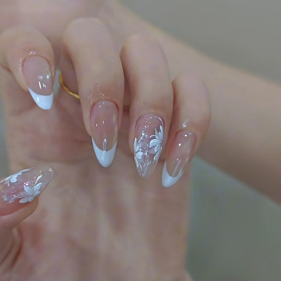 外贸清浅蓝色法式细闪花朵欧美风可拆卸美甲24片press on nails