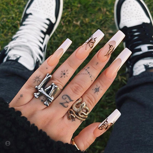 法式欧美长款芭蕾甲蝴蝶假指甲美甲成品指甲贴片 press on nails