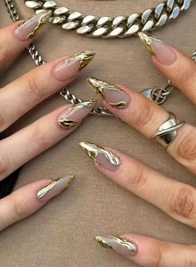 立体日落鎏金复古甜酷ins风可拆卸美甲片24片press on nails