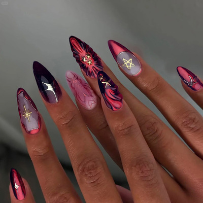 立体魅惑深红星星波纹法式欧美风穿戴甲24片press on nails
