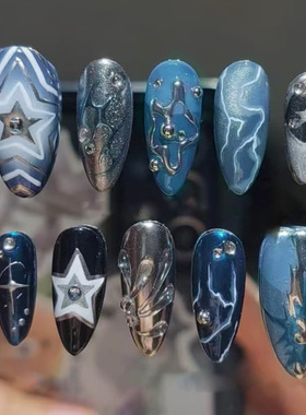 立体线条猫眼波纹星空深海欧美风可拆卸美甲24片press on nails