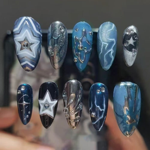立体线条猫眼波纹星空深海欧美风可拆卸美甲24片press on nails