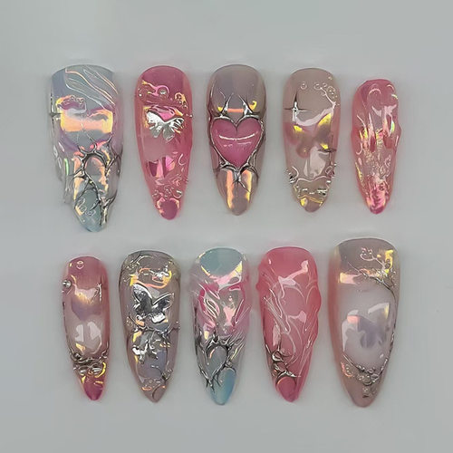 立体鎏银爱心渐变甜酷金属ins风可拆卸美甲24片press on nails
