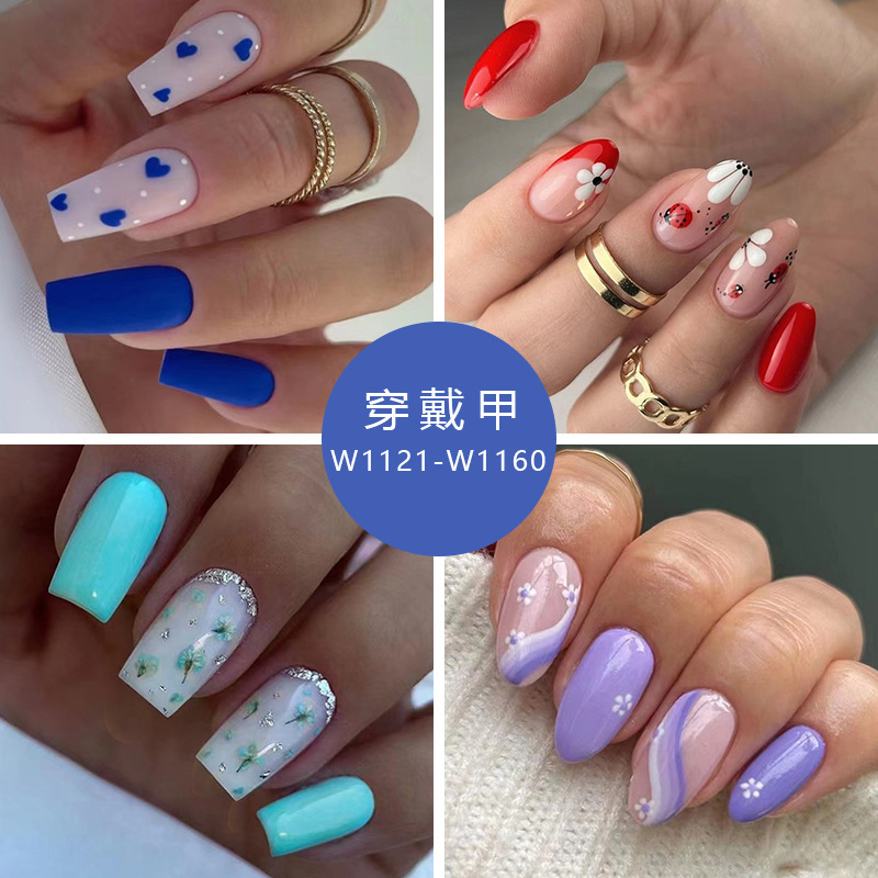 欧美外贸ins甜美时尚辣妹美甲可爱波纹爱心碎花假指甲成品穿戴甲