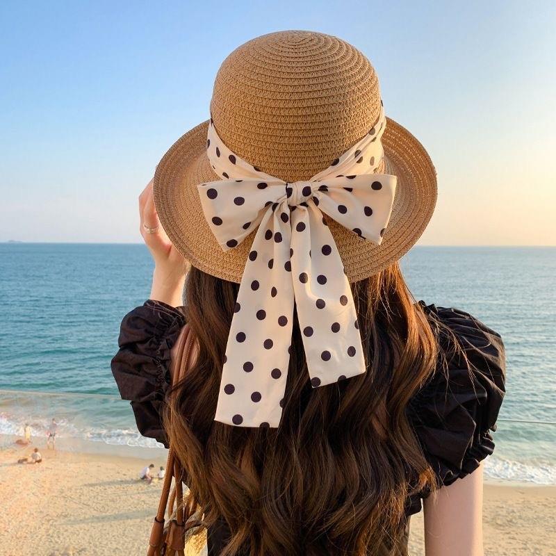 草帽女夏季飘带旅游盆帽宽檐沙滩帽大沿防晒时尚遮阳帽卷边太阳帽