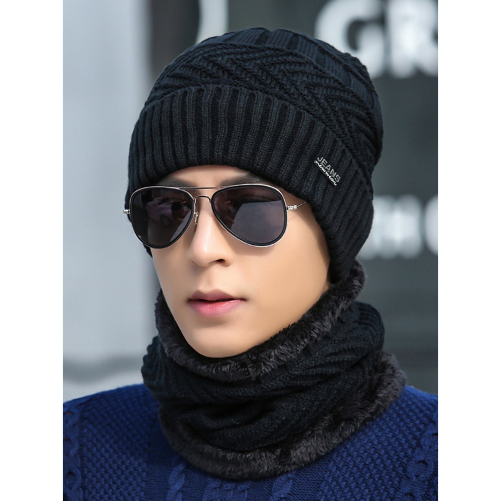 帽子男冬季针织毛线帽潮男士护耳棉帽防寒加绒围脖保暖骑车冬帽