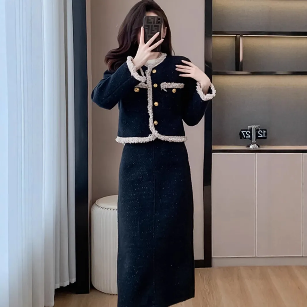 高级感名媛小洋装套装裙女秋冬小香风夹棉短外套高腰半身裙两件套