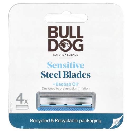 Bulldog Skincare For Men,敏感钢制剃须刀片 + 猴面包树油，4 盒