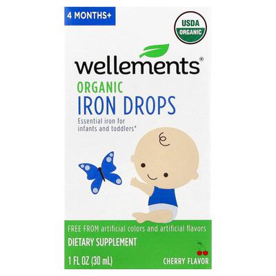 Wellements,Organic Iron Drops, 4 Months+, Cherry, 1 fl oz (3