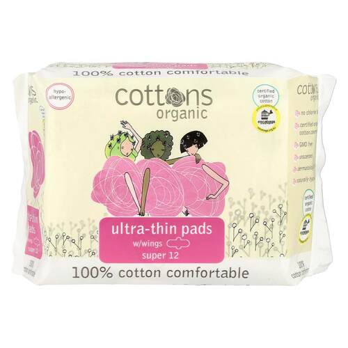 Cottons,棉质覆盖层，护翼超薄护垫，大号，12 片