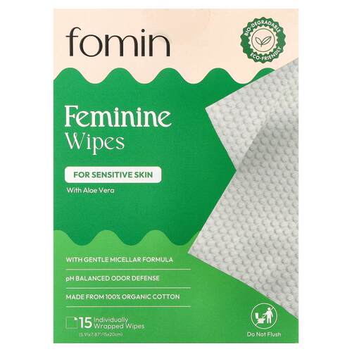 fomin,Feminine Wipes, For Sensitive Skin, 15 Individually Wr
