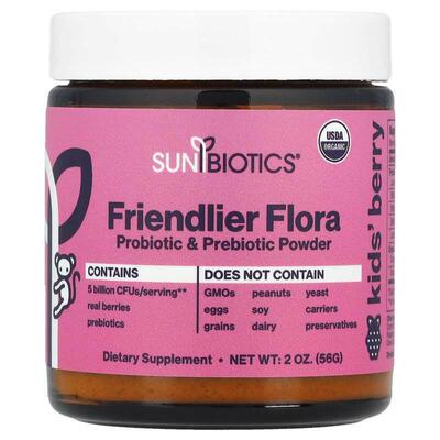 Sunbiotics,Kids Friendlier Flora，益生菌和益生元粉，浆果味，