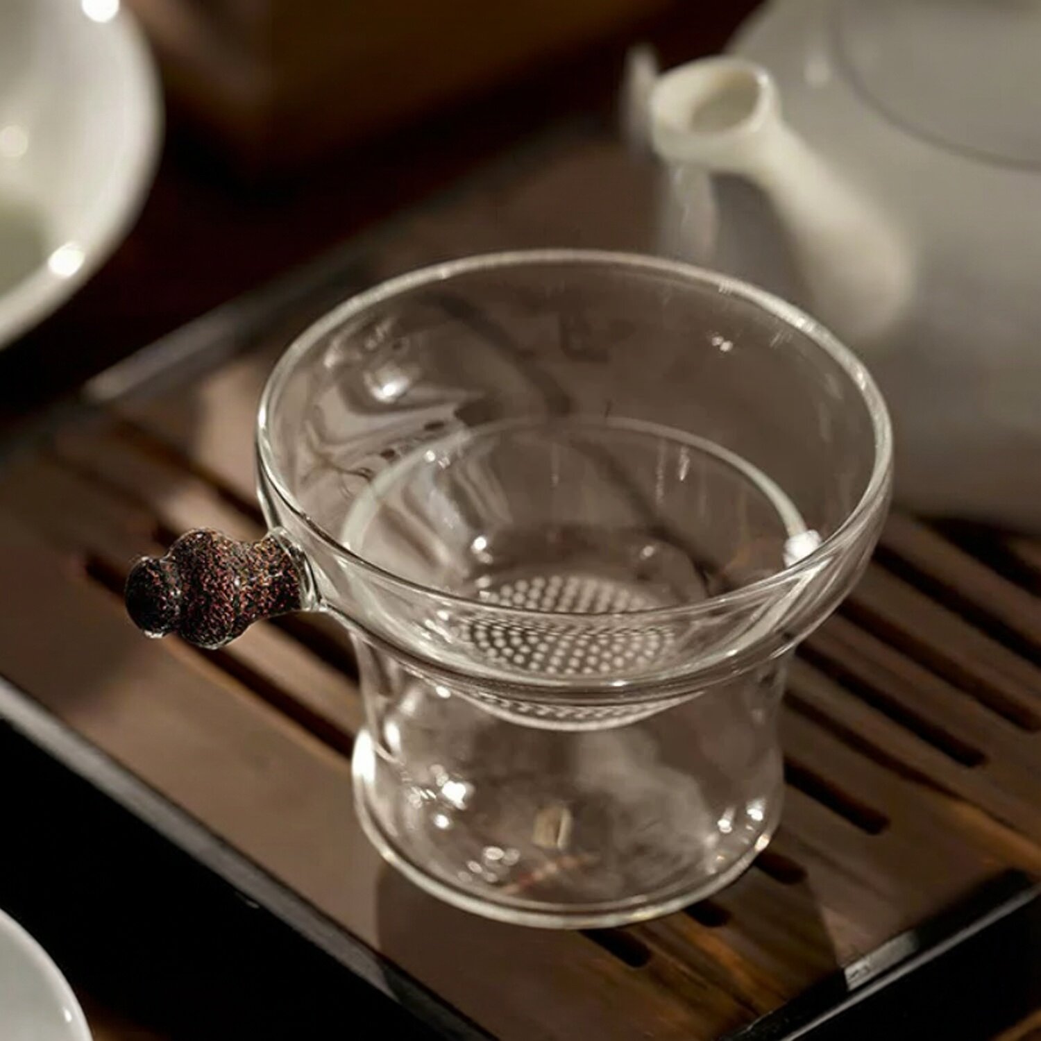 台湾奉珠滤网全新激光一体打孔玻璃茶漏高档茶滤带底座滤茶