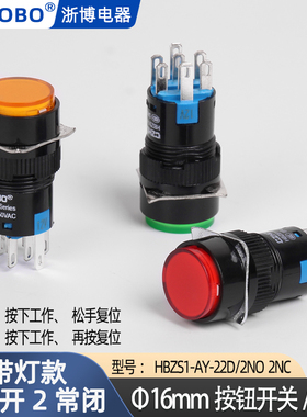LA16-22D带灯款16mm自复位自锁按钮开关点动按压式2开2闭8脚HBZS1