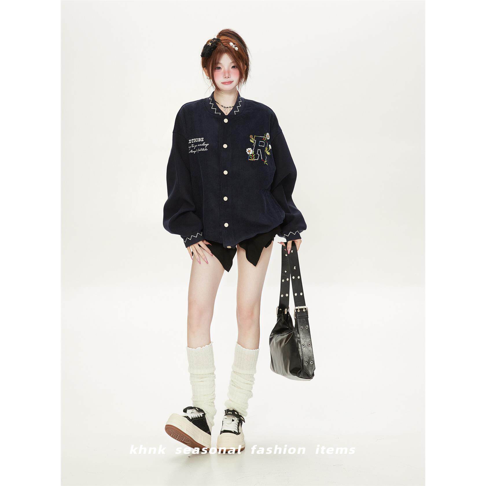 美式覆古花卉刺绣灯芯绒棒球服外套女秋季宽松超好看民族风夹克潮