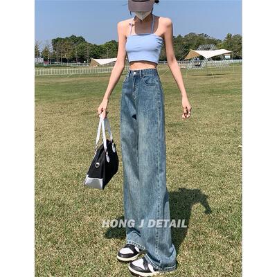 高腰覆古阔腿裤牛仔裤女