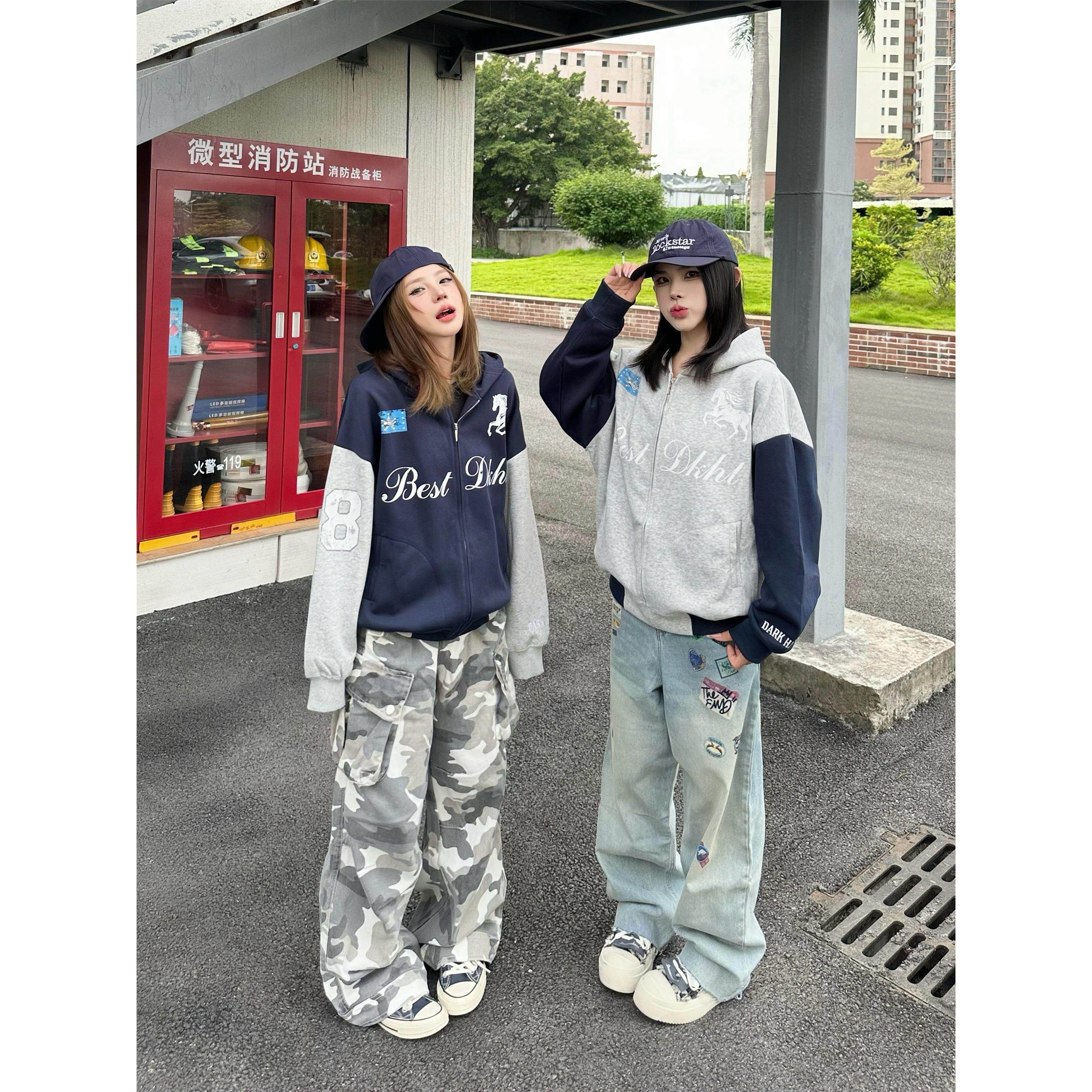 小鱼是条咸鱼美式覆古小马字母印花连帽卫衣男女宽松休闲情侣外套