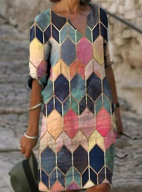 Half Sleeved V Neck Printed Loose Dress Women's Fashion