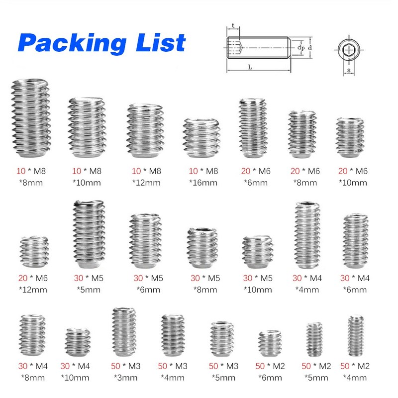 6 size 666Pcs 304 Stainless Steel Flush End Set Screw Kit He
