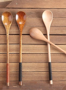 1PCS Long Handled Spoon Wood Rice Soup Dessert Spoon Coffee