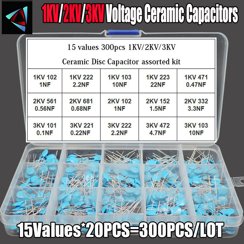 15Values 300Pcs 1KV/2KV/3KV (0.1nF to 22nF) High Voltage Cer