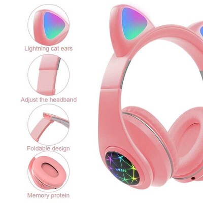 Cute Cat Bluetooth Headphone With Microphone Colorful LED Co