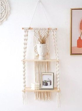 Macrame Rak Gantung Dinding 2 Tingkat Tali Katun Tenun
