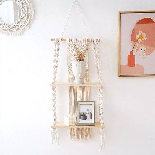 Macrame Rak Gantung Dinding 2 Tingkat Tali Katun Tenun