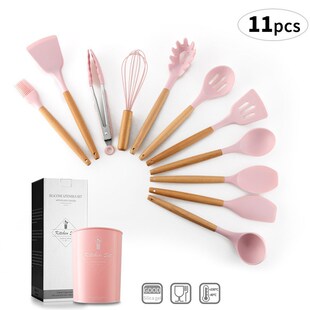 11pcs Silicone Cooking Utensils Set ,Pink Solid Wood Handle