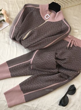 Autumn New Women Geometric Knitting Tracksuit Zipper Cardig