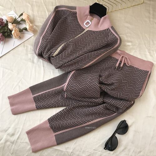 Autumn New Women Geometric Knitting Tracksuit Zipper Cardig