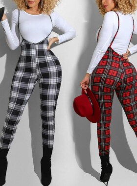 2021 New High Waist Overalls Suspender Pants Women Plaid Ski