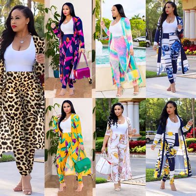 Women print long sleeve cardigan pants summer two piece set